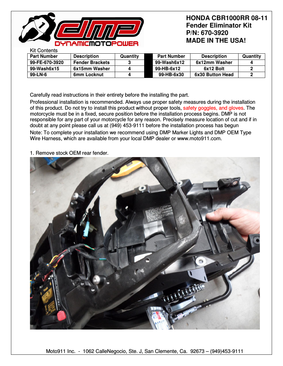 Honda CBR1000RR (08-11) DMP Fender Eliminator Instructions