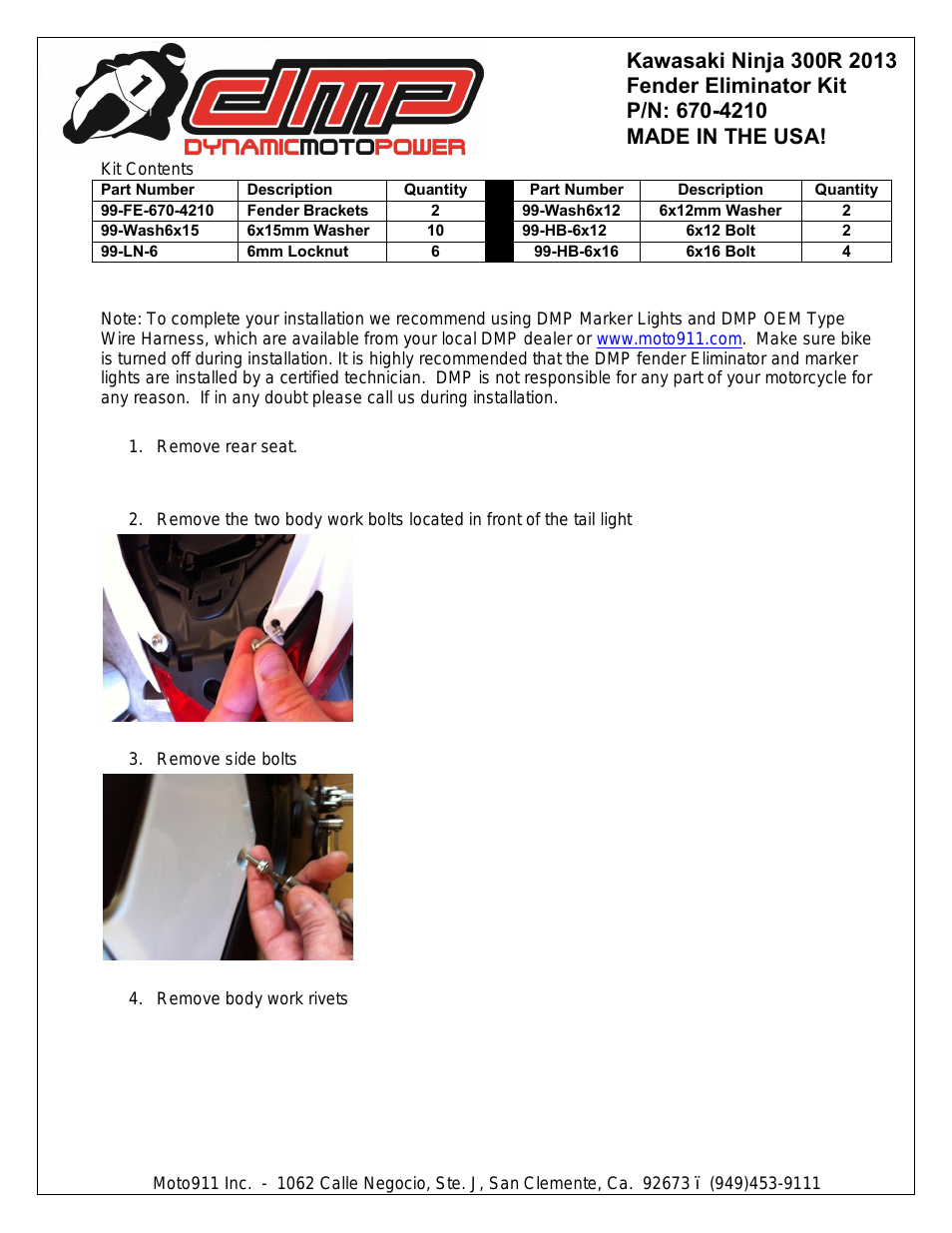 Kawasaki Ninja 300R DMP Fender Eliminator Instructions