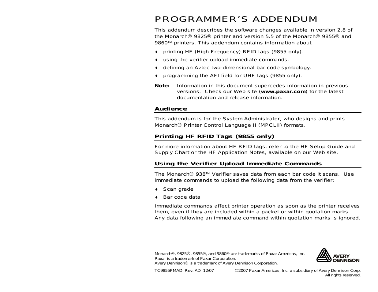 Monarch 9860 Programmer Manual Addendum
