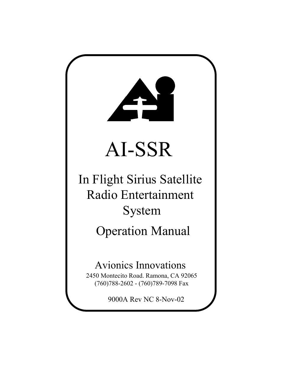 SSR (Panel Mounted Sirius Satellite Receiver) P/N: SSR019 Operation Manual