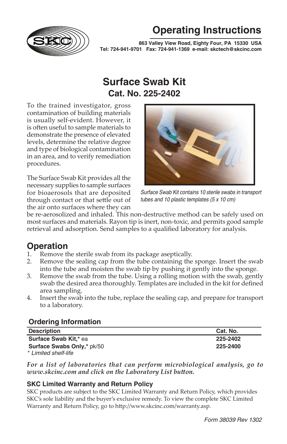 225-2402 Sterile Surface Swab Kit