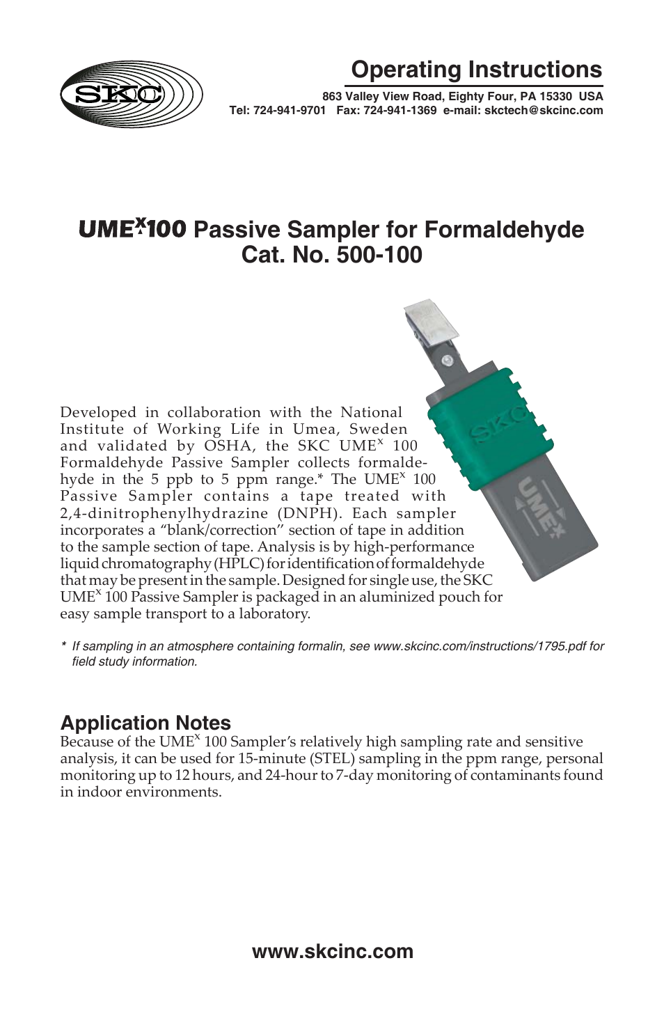 500-100 UMEx 100 Passive Sampler for Formaldehyde