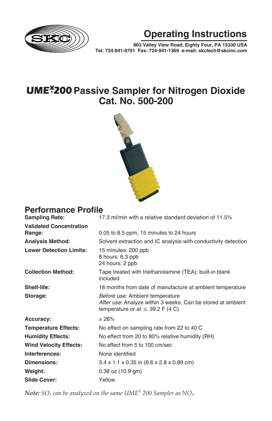 500-200 UMEx 200 Passive Sampler for Nitrogen Dioxide