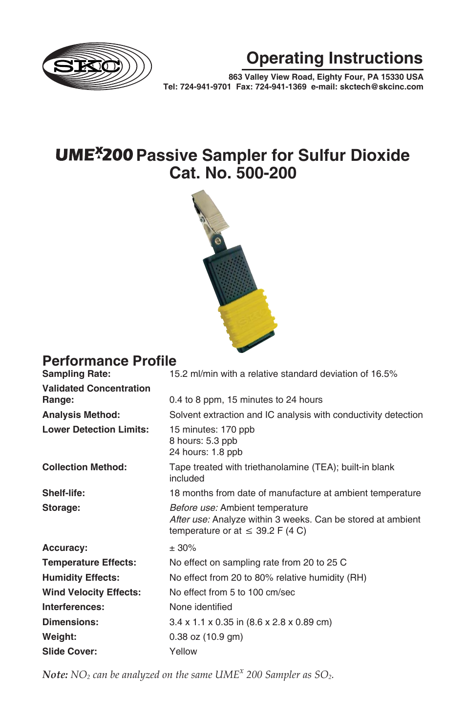 500-200 UMEx 200 Passive Sampler for Sulfur Dioxide