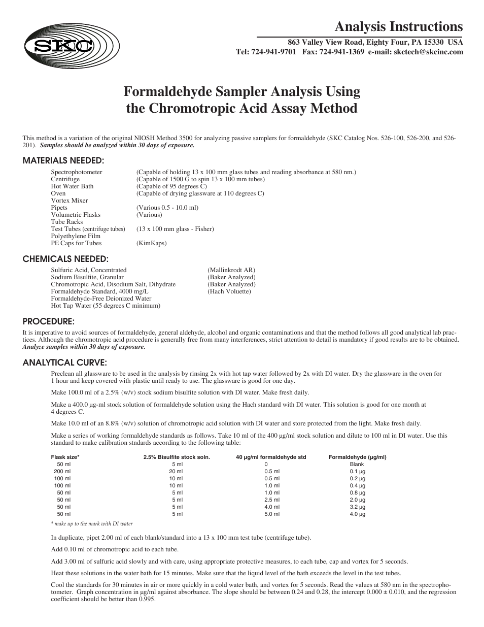 526-100 Analysis Instructions Using the Chromotropic Acid Assay Method
