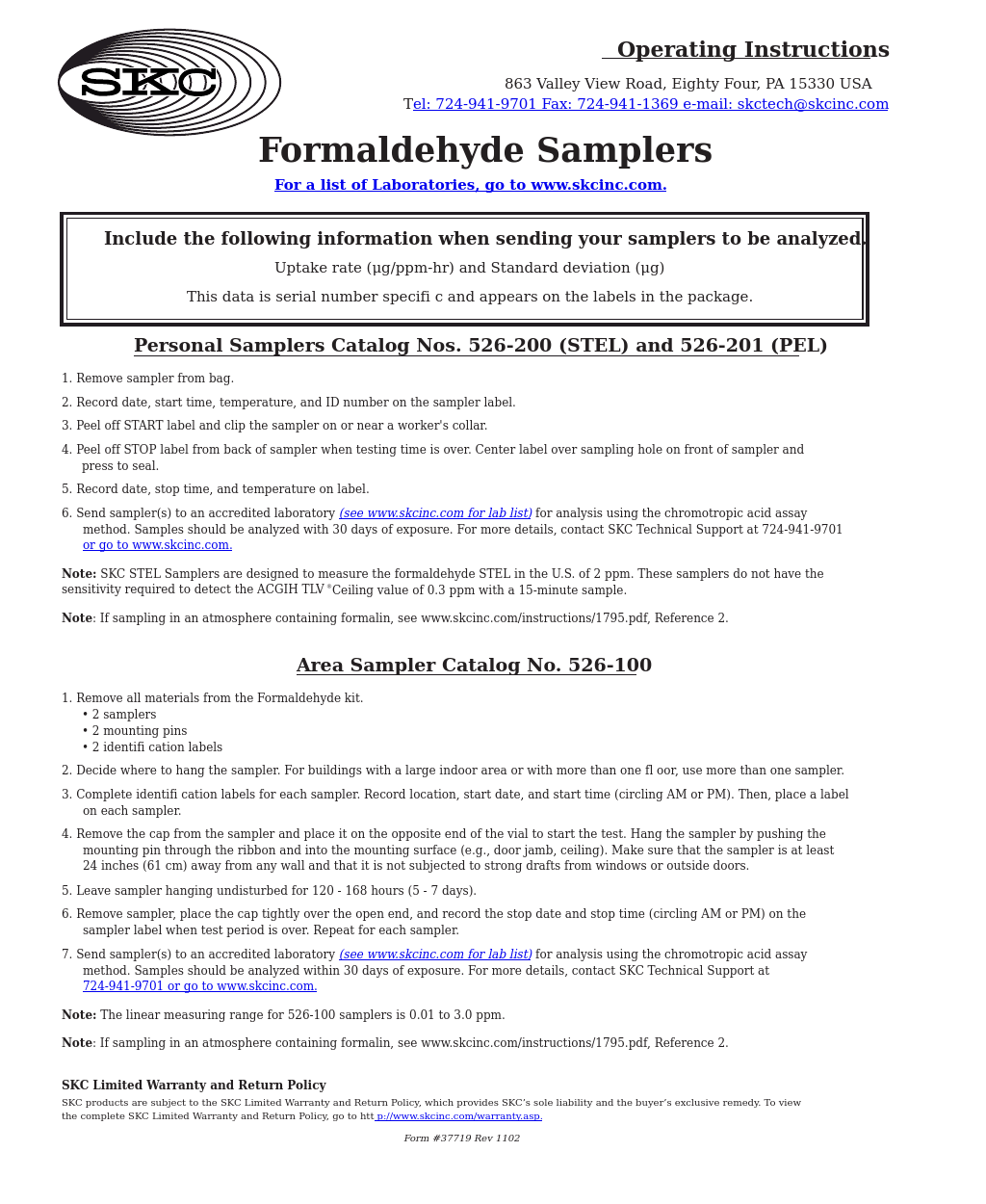 526-100 Indoor Air Formaldehyde Sampler