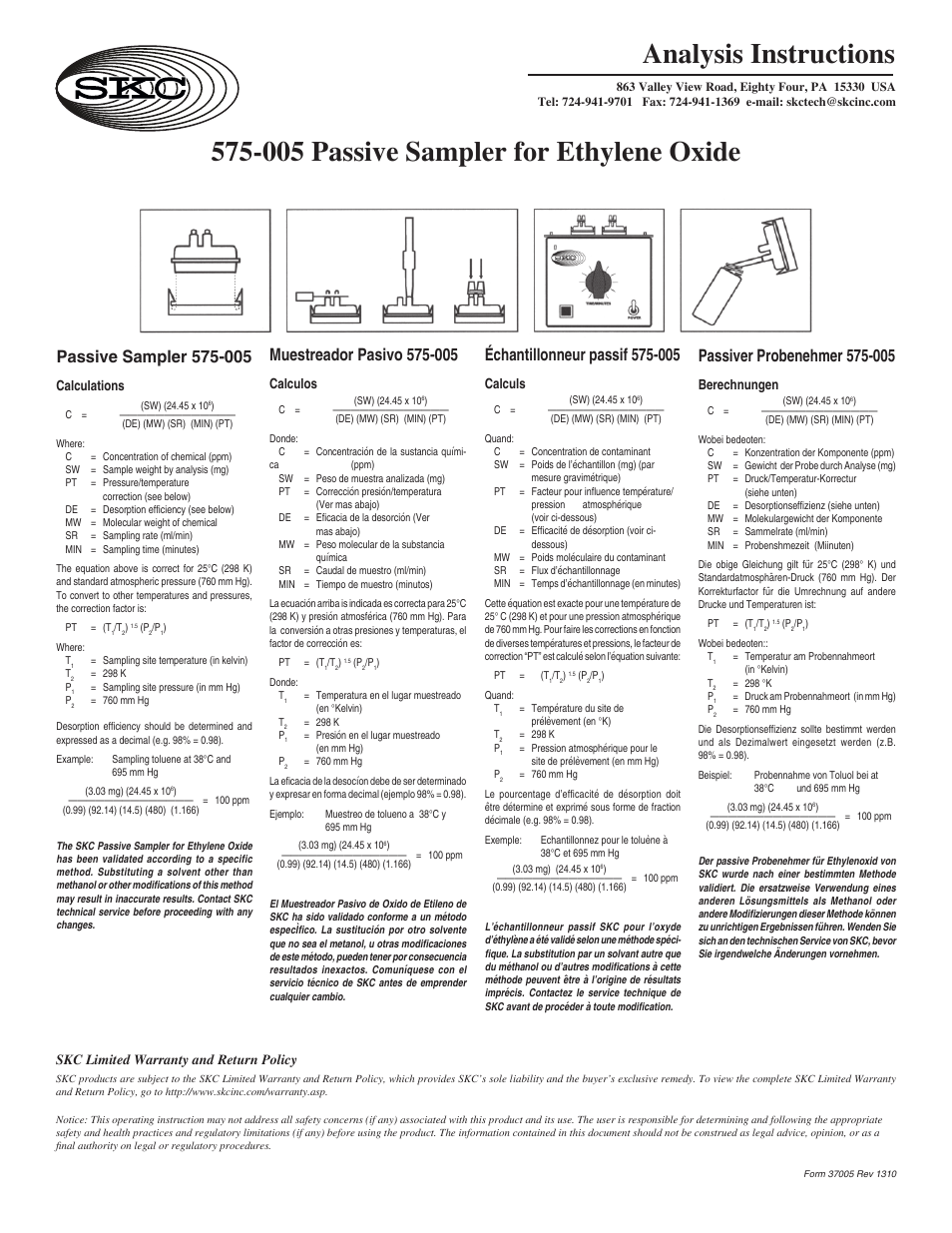 575-005 Passive Sampler for Ethylene Oxide Analysis Instructions