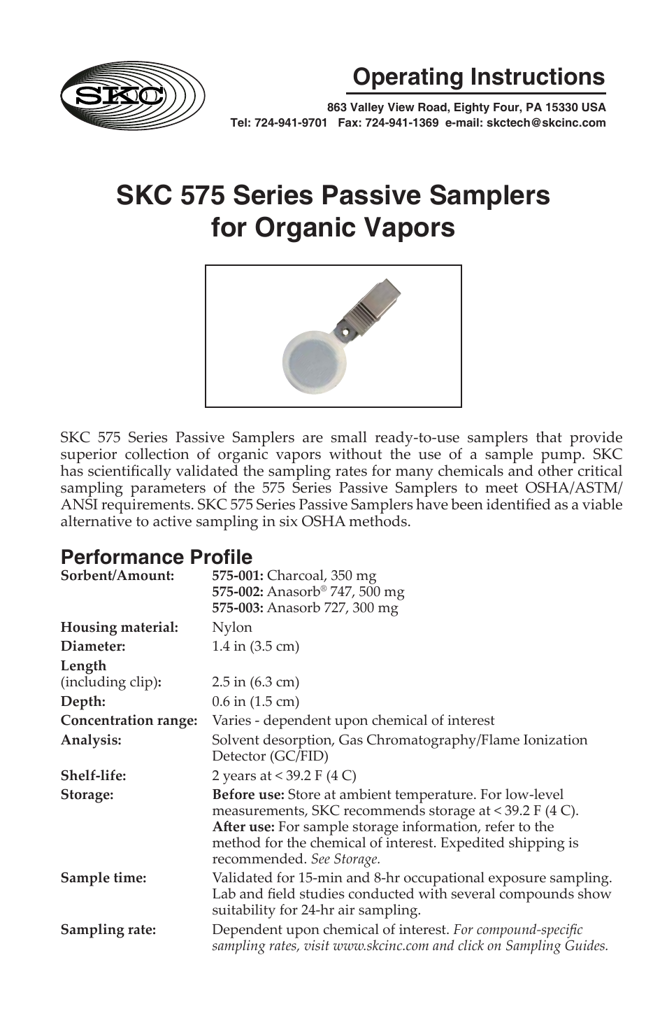 575 Series Passive Samplers for Organic Vapors