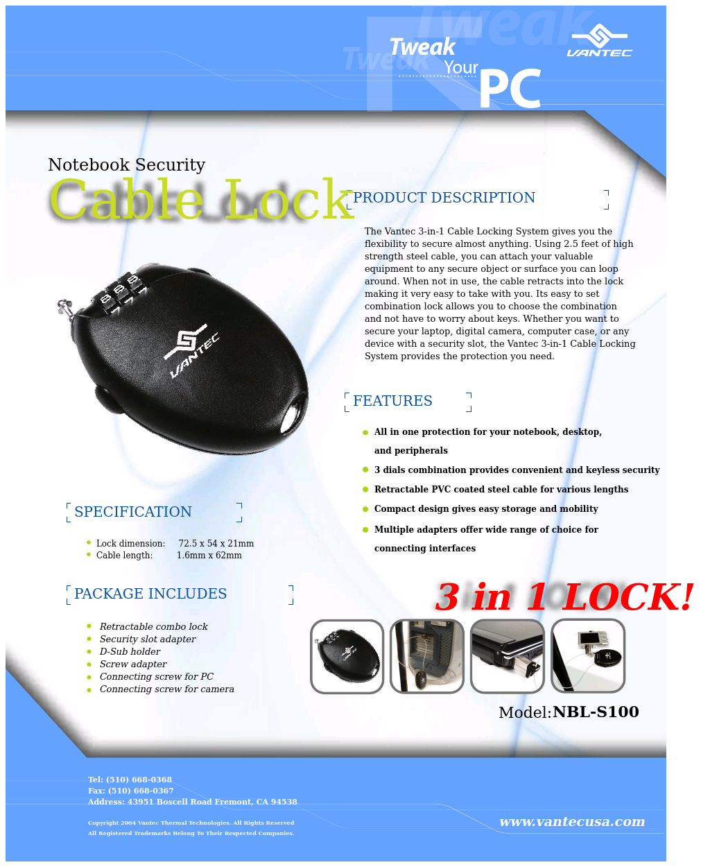 Notebook Security Cable Lock NBL-S100