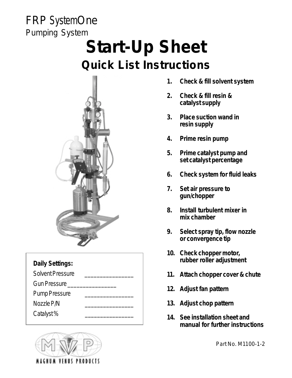 System One FRP Start-Up Sheet Quick List Instructions
