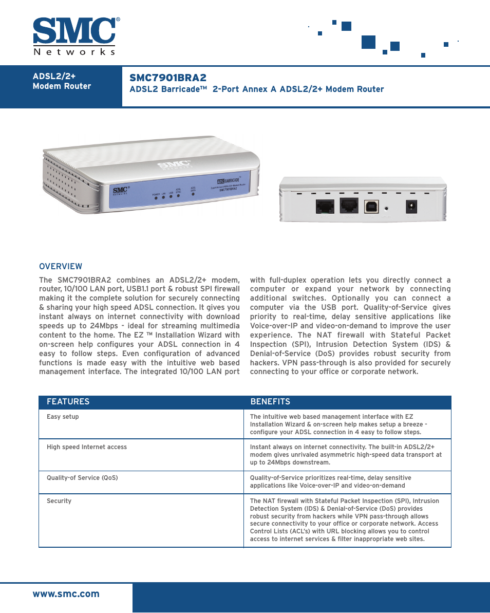 Barricade ADSL2/2+ Modem Router SMC7901BRA2