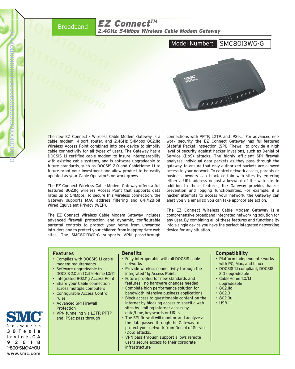 EZ Connect 2.4GHz 54Mbps Wireless Cable Modem Gateway SMC8013WG-G