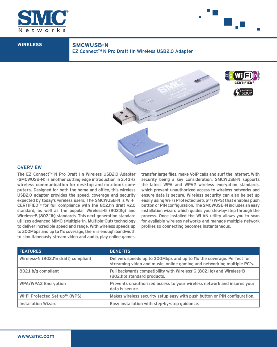 SMC EZ Connect N Draft 11n Wireless USB2.0 Adapter SMCWUSB-N
