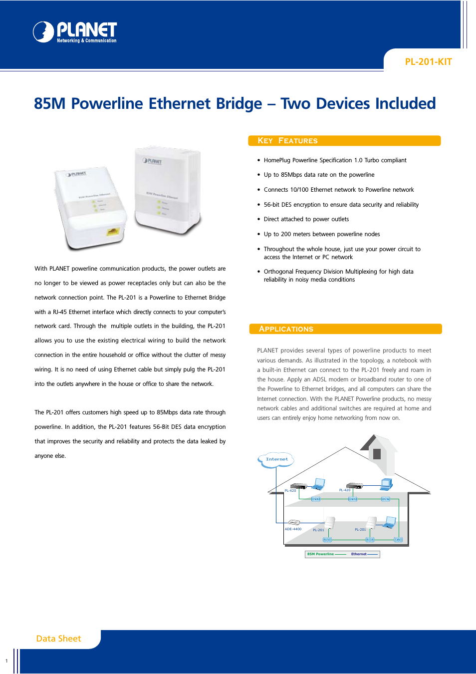 85M Powerline Ethernet PL-201-KIT