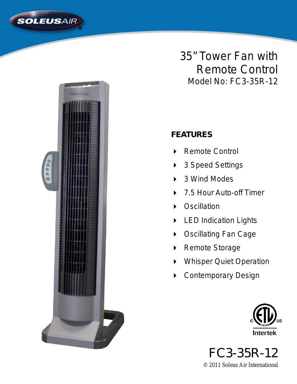 35" Tower Fan With Remote Control FC3-35R-12