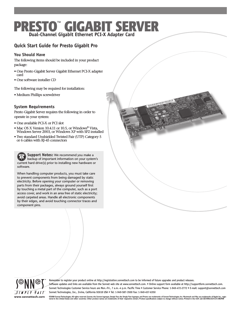 Presto Gigabit Server Dual-Channel Gigabit Ethernet PCI-X Adapter Card
