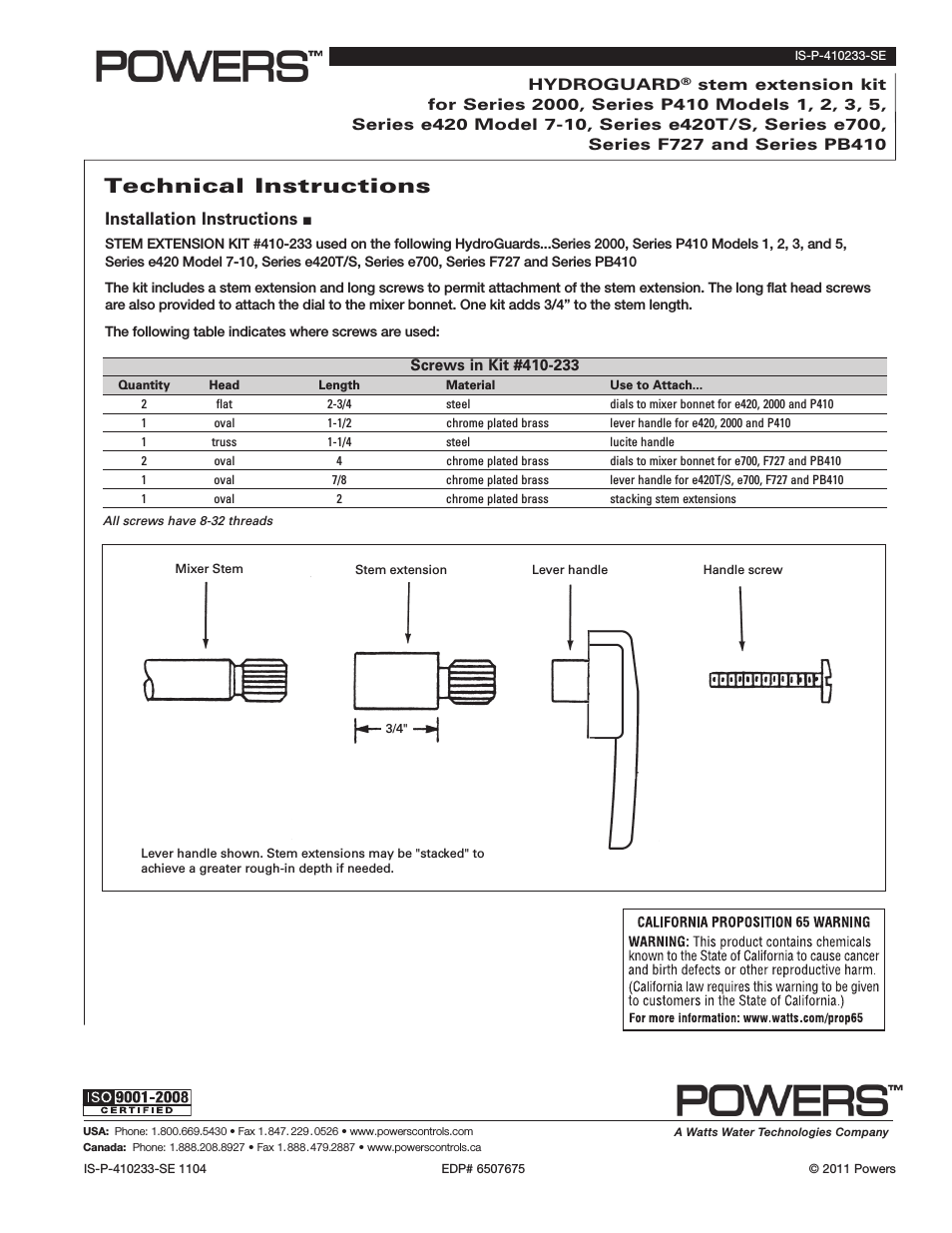 PB410 Series Pressure Balancing Mixing Valves - Stem Extension Kit