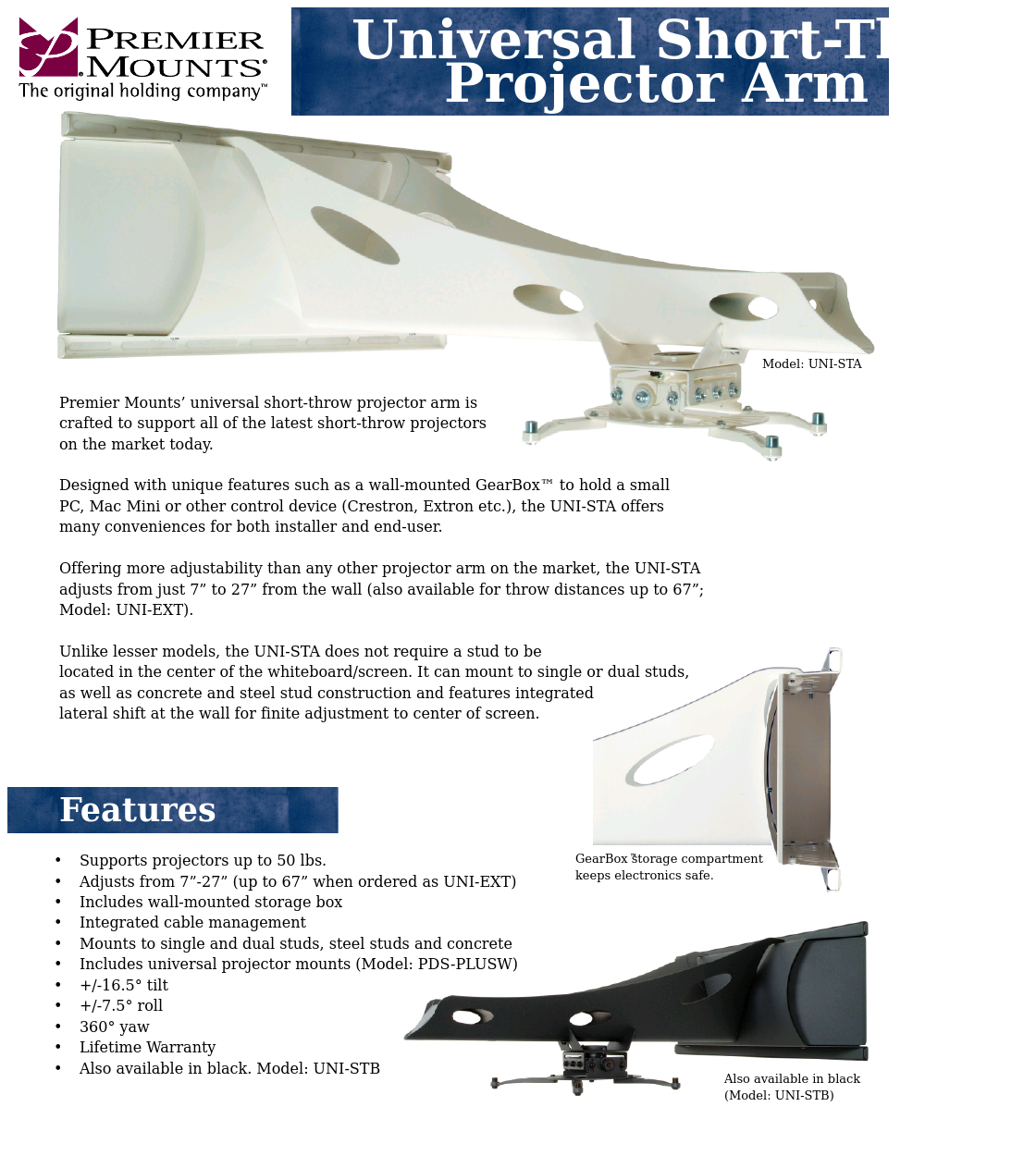 Universal Short-Throw Projector Arm UNI-STA
