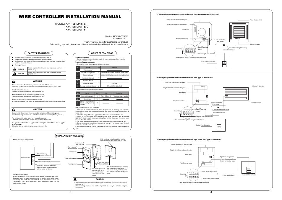WIRE CONTROLLER OF AIR CONDITIONER KJR-12B/DP(T)-E Installation Manual