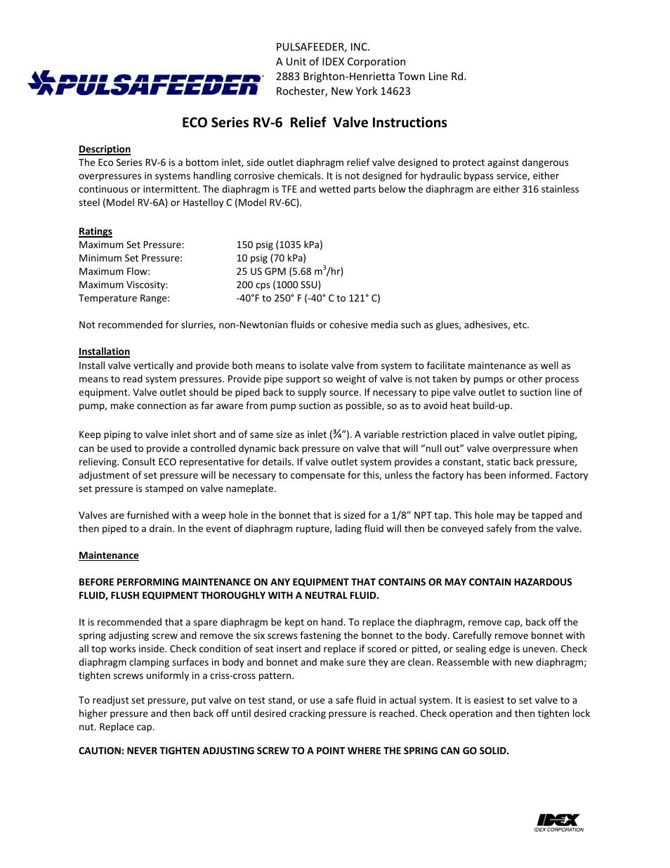 ECO Series Relief Valve Instructions