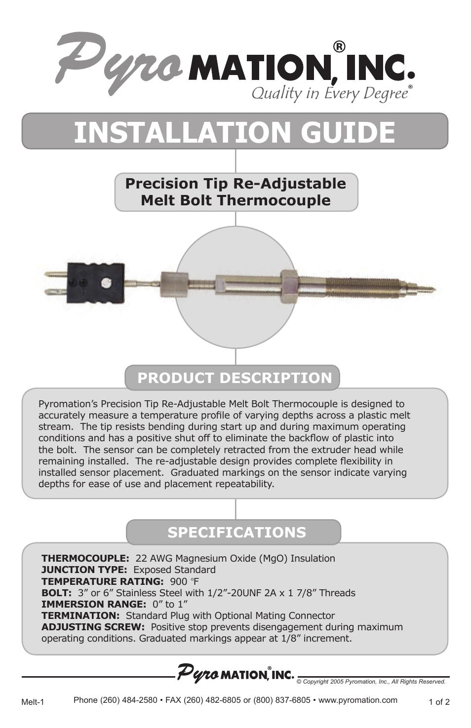 Precision Tip Re-Adjustable Melt Bolt Thermocouple