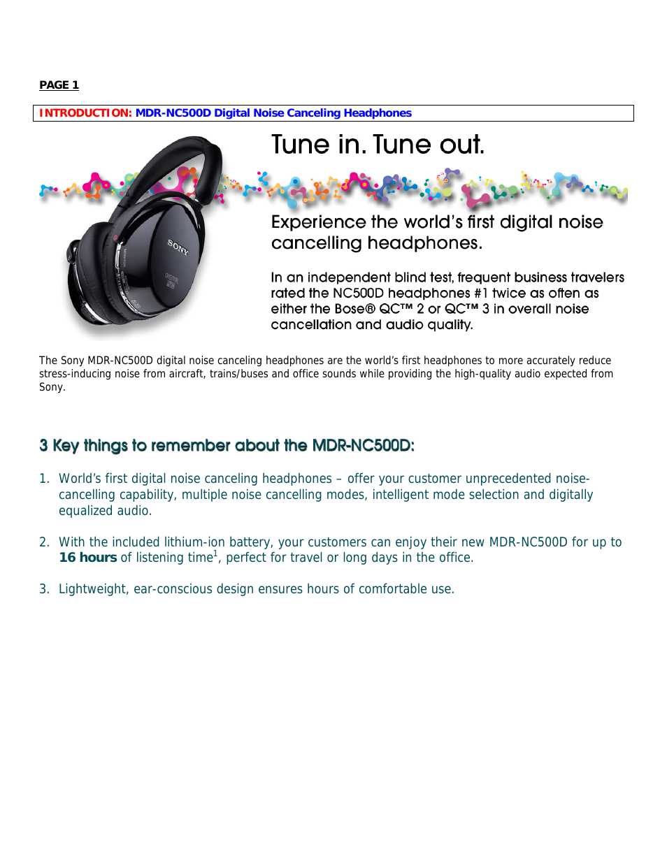 DIGITAL NOISE CANCELING HEADPHONES MDR-NC500D