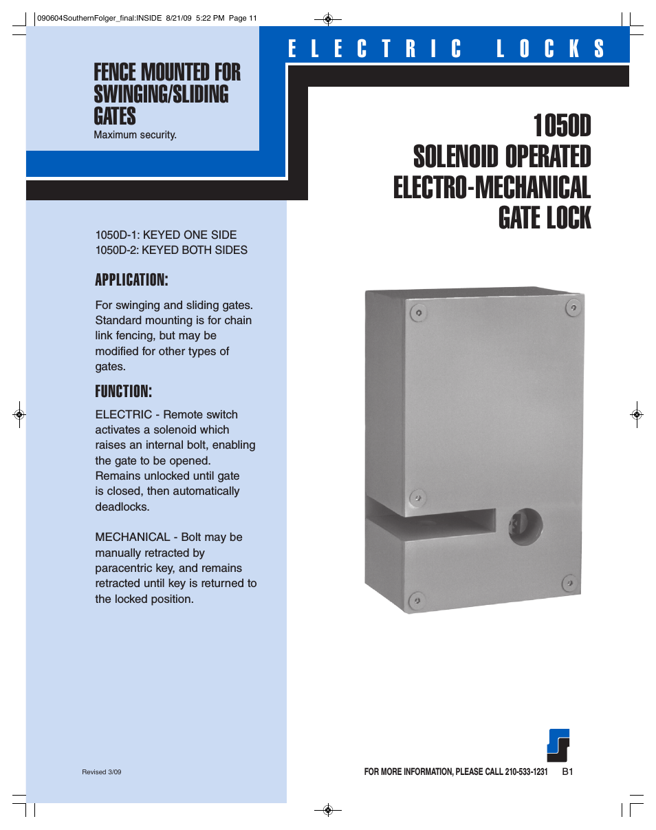 1050D SOLENOID OPERATED ELECTRO-MECHANICAL GATE LOCK