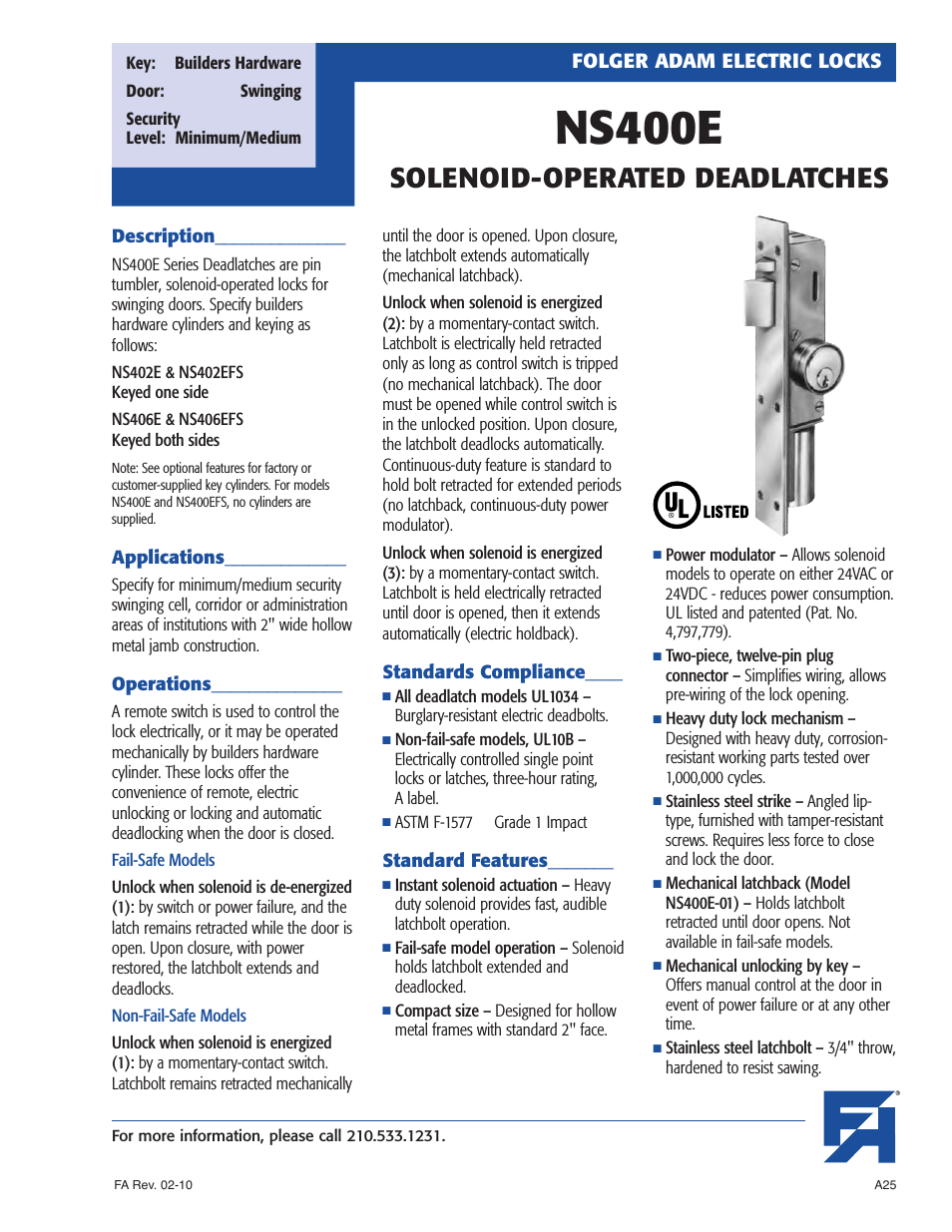 NS400E SOLENOID-OPERATED DEADLATCHES
