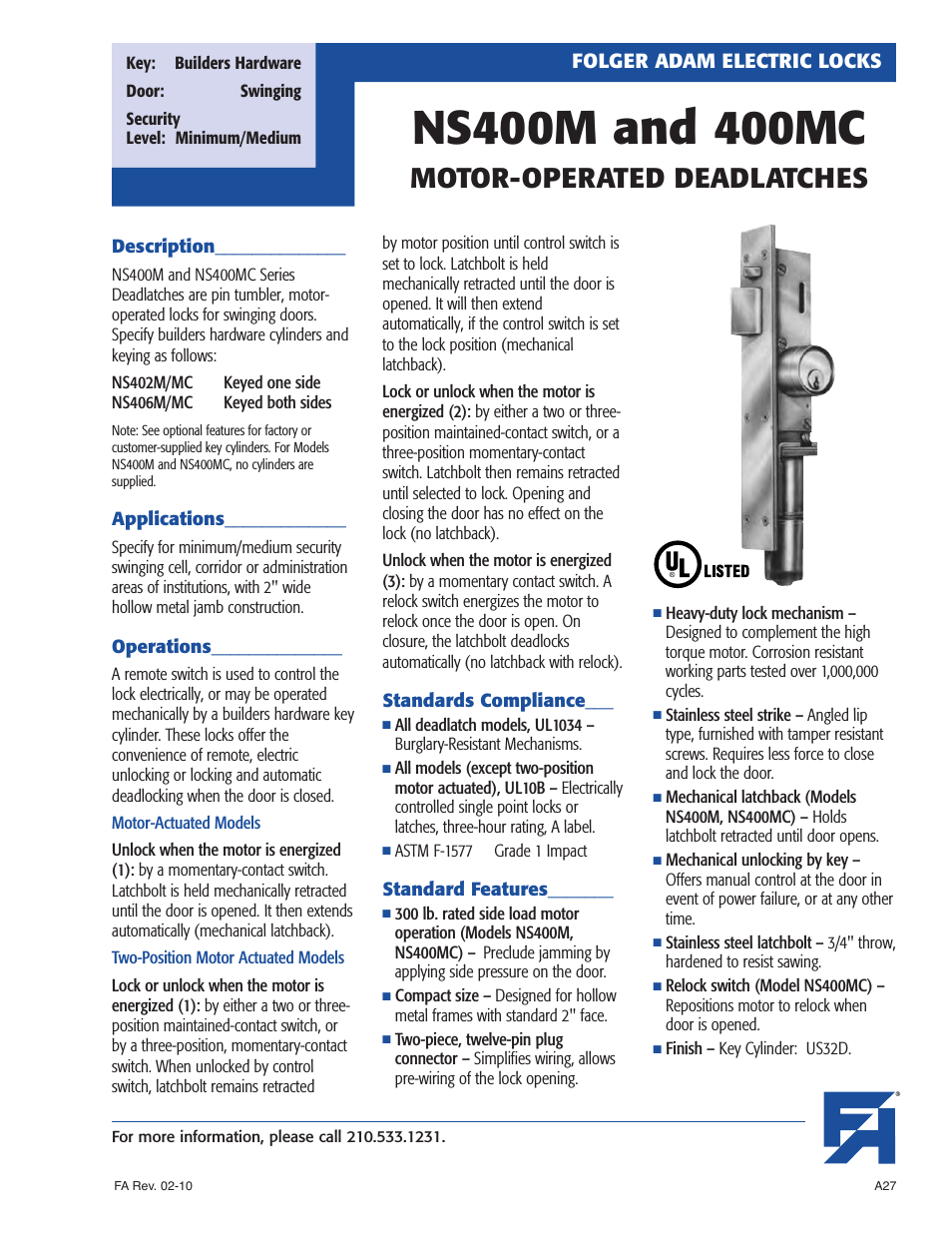 NS400M and 400MC MOTOR-OPERATED DEADLATCHES