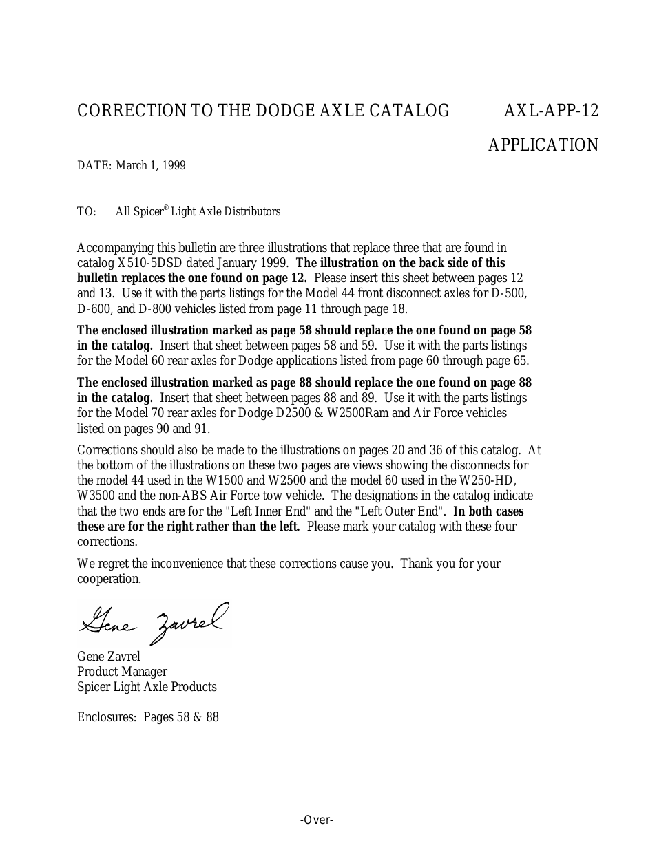 CORRECTION TO THE DODGE AXLE CATALOG