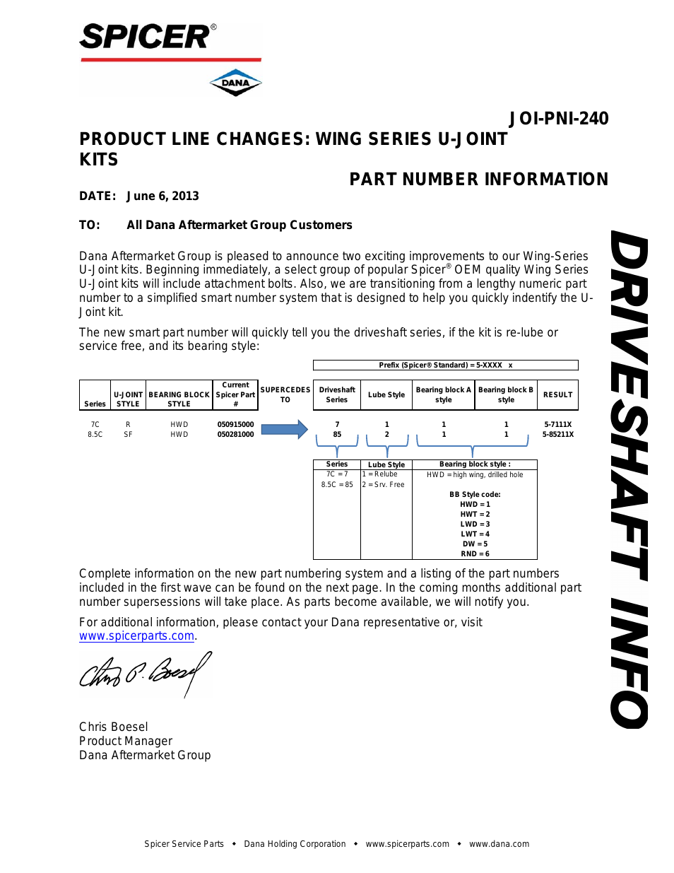 PRODUCT LINE CHANGES: WING SERIES U-JOINT KITS