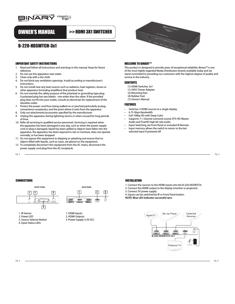 B-220-HDSWTCH-3X1 BINARY - HDMI 3X1 SWITCHER