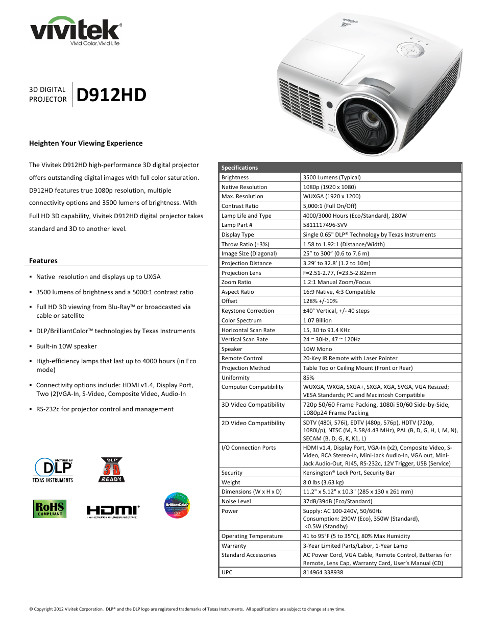 D912HD VIVITEK - 1080P 3D DIGITAL PROJECTOR (3500 LUMENS)