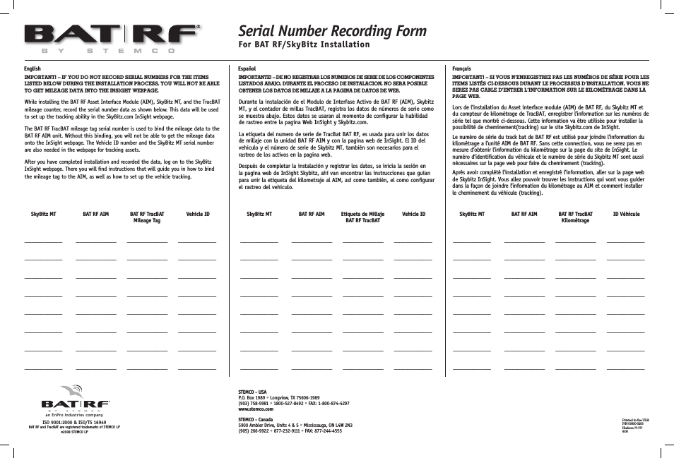 Serial Number Recording Form For BatRF/SkyBitz