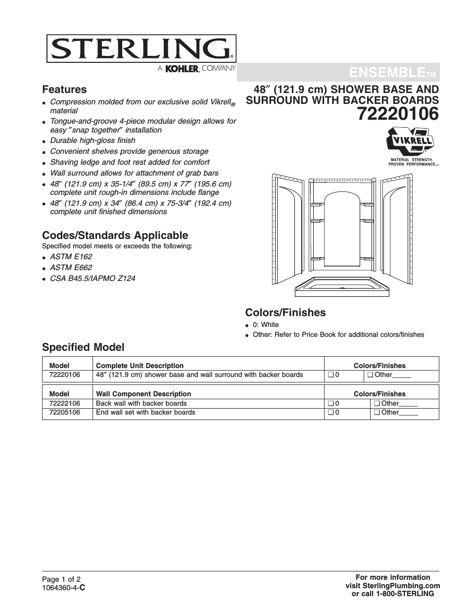 Shower Receptor and Wall Surround with Backer Boards 72220106