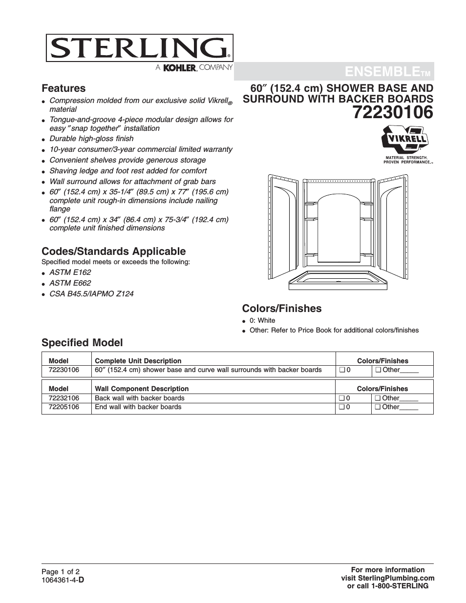 Shower Receptor and Wall Surround with Backer Boards 72230106