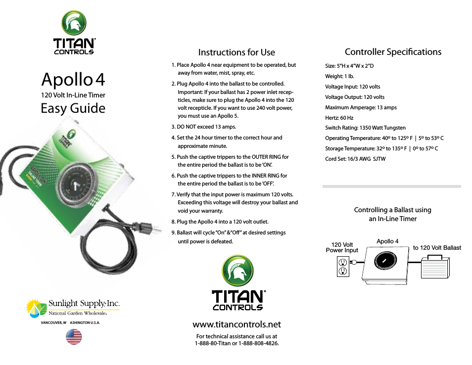 Titan Controls® Apollo® 4 - 120 Volt Ballast Timer