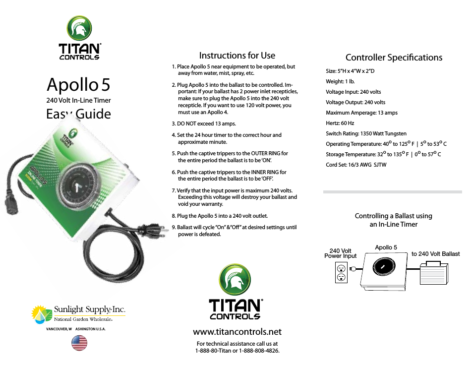 Titan Controls® Apollo® 5 - 240 Volt Ballast Timer
