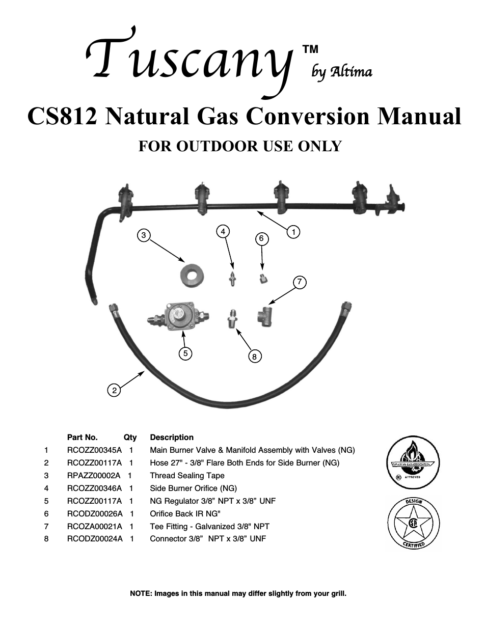Tuscany CS812 Natural Gas Conversion Kit