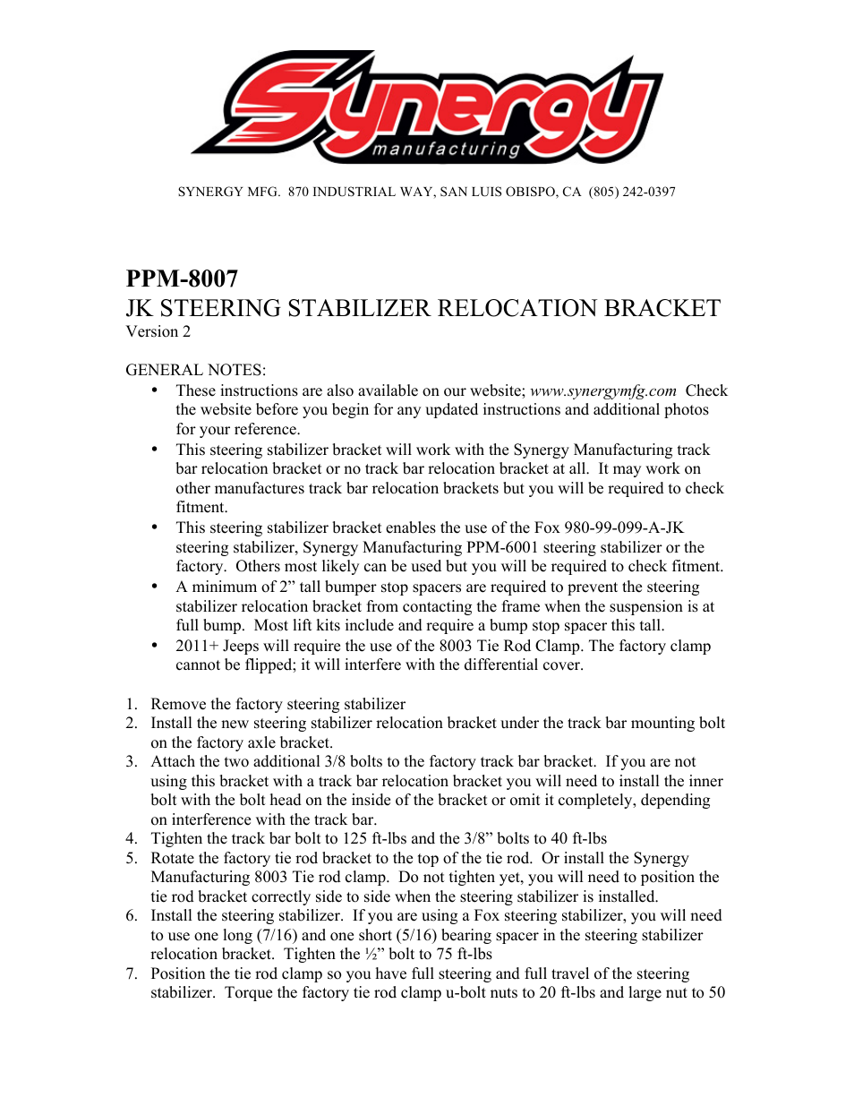 8007 - Jeep JK Stabilizer Relocation Bracket