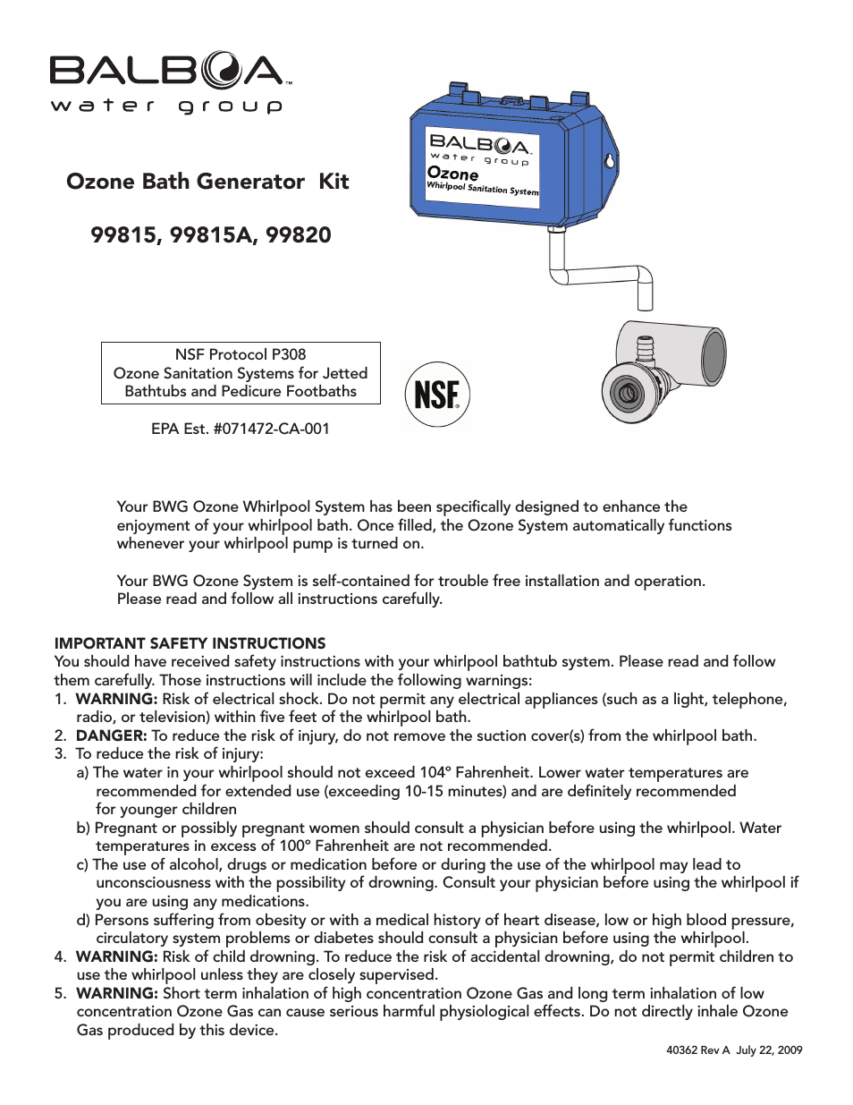 Ozone Bath Generator Kit 99815A