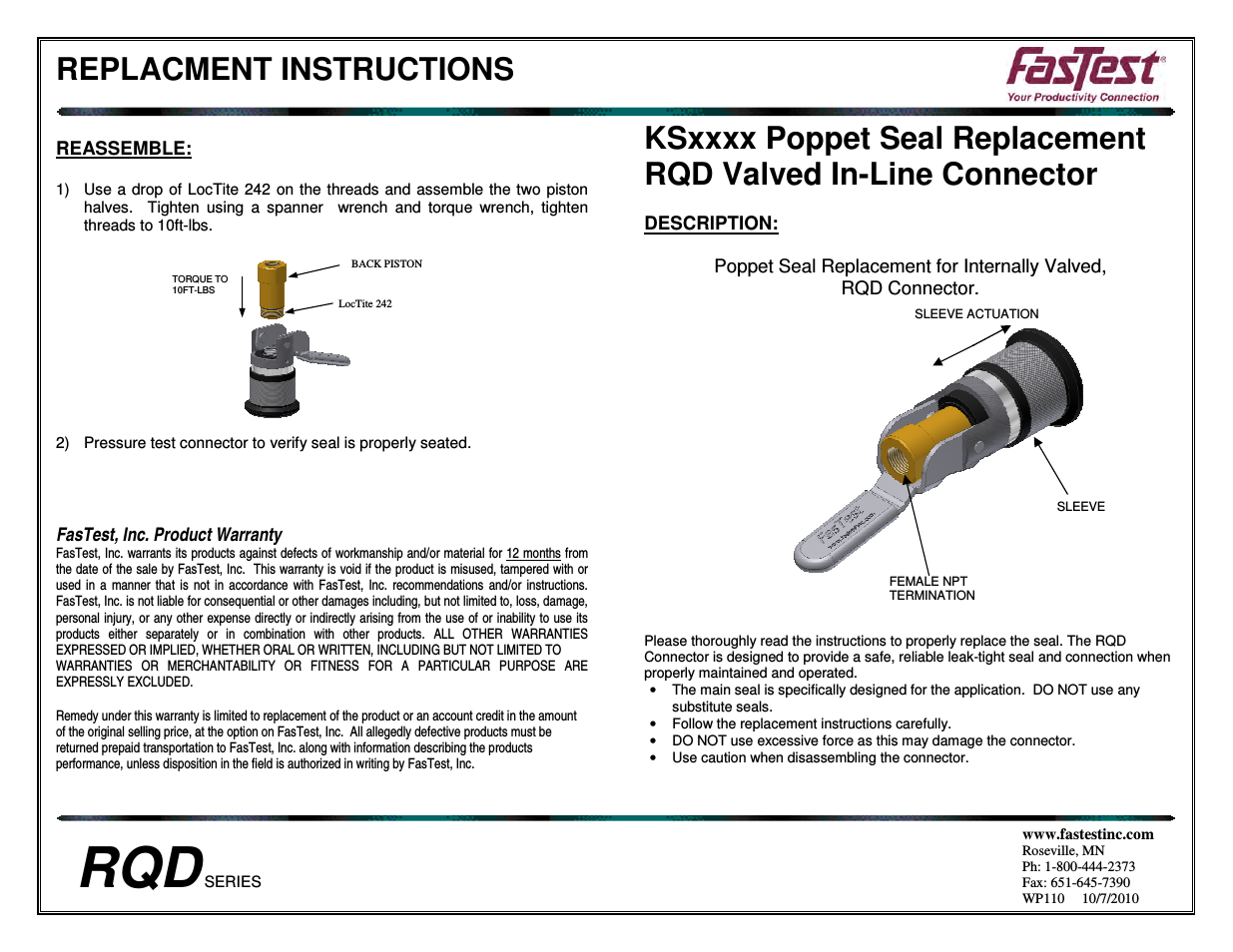RQD Series Poppet Seal Replacement