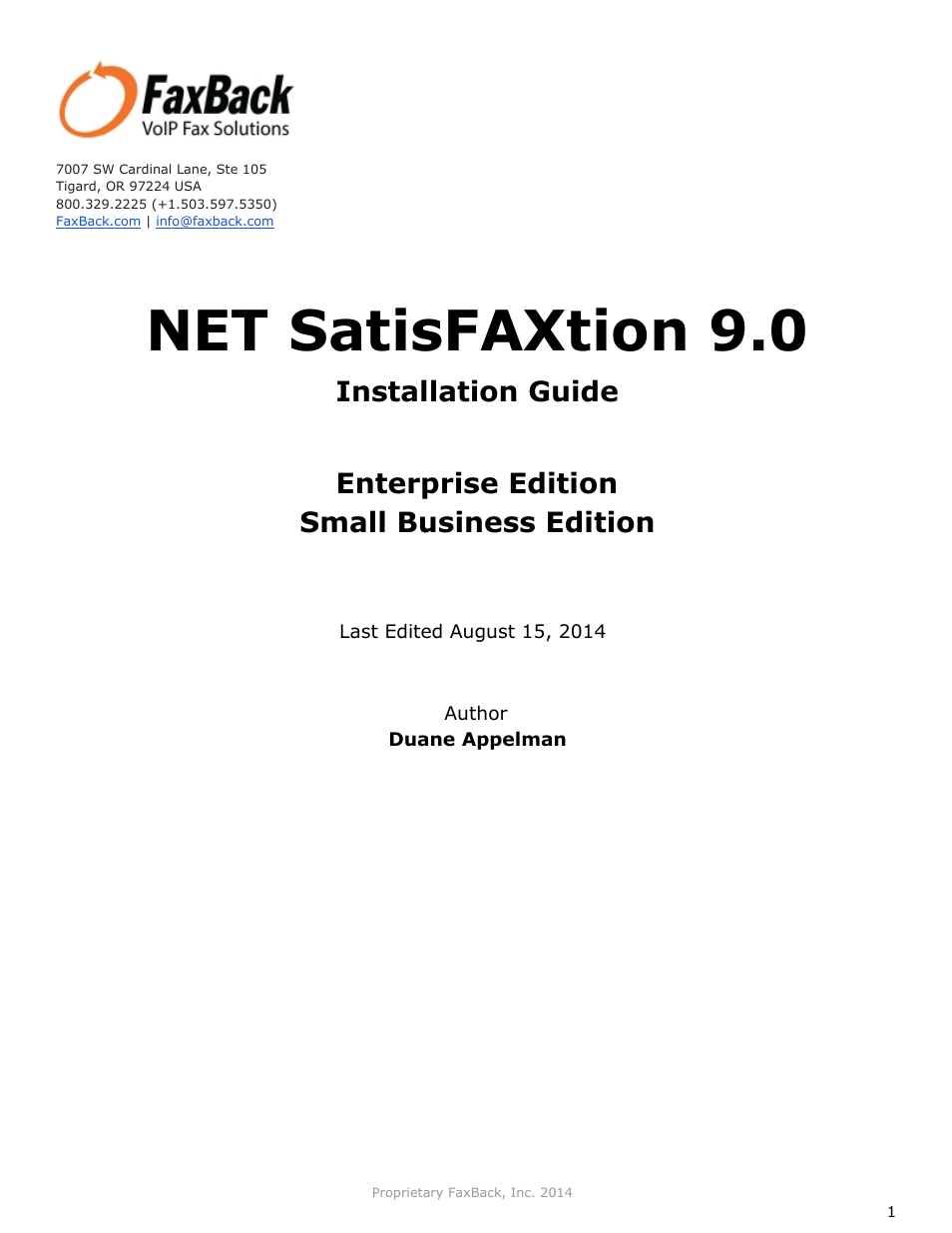 NET SatisFAXtion 9.0 - Installation Guide (Small Business Edition)