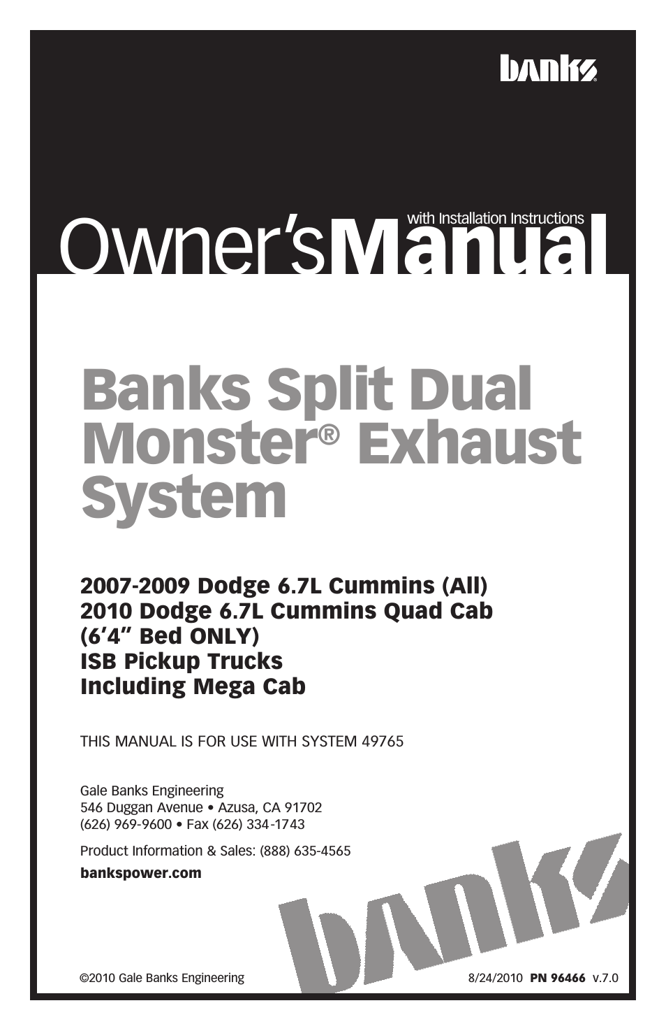 Dodge Trucks: (Diesel ’07 - 12 6.7L Cummins) Exhaust- Monster Exhaust, Split-Dual, side exits '07-10 including Mega Cab