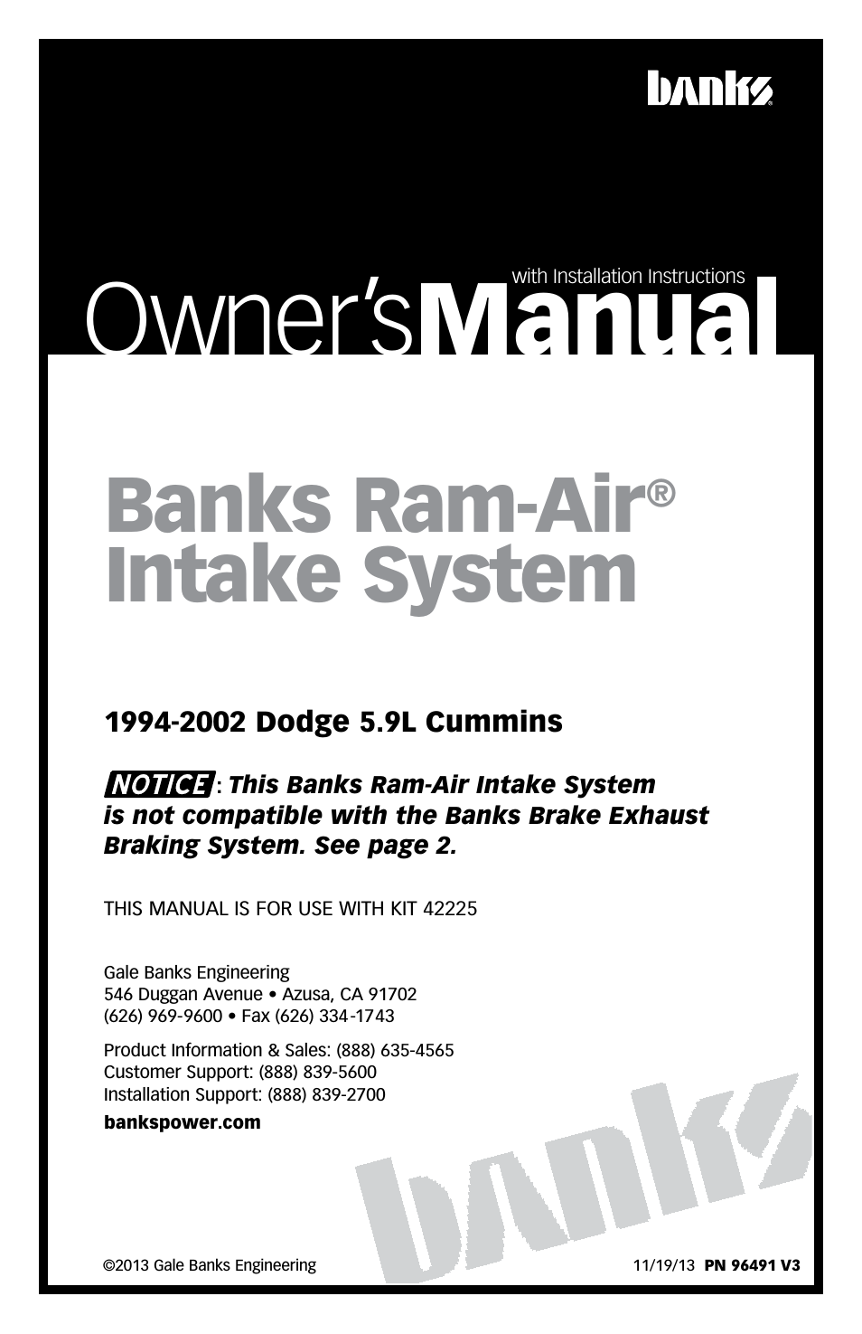Dodge Trucks: (Diesel ’94 - 98 5.9L Cummins) Intake- Ram-Air Intake System '98-02