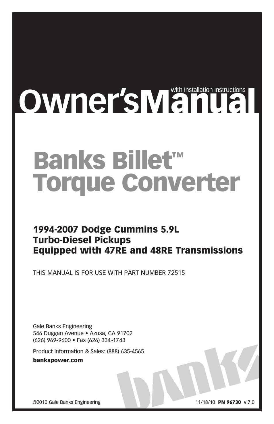 Dodge Trucks: (Diesel ’94 - 98 5.9L Cummins) Powertrain- Banks Billet Torque Converter (94-07) For use w_ 47RE and 48RE Trans