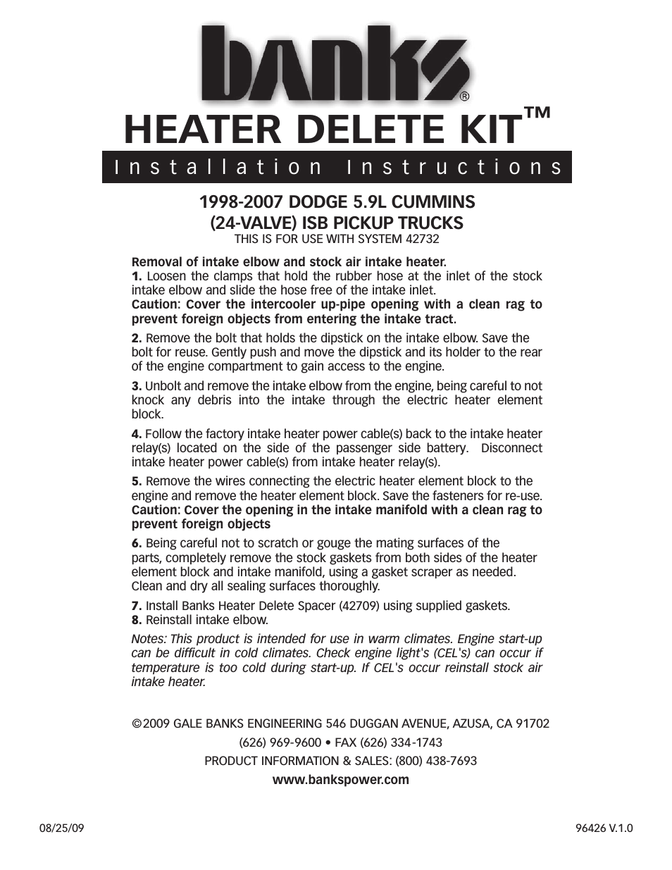 Dodge Trucks: (Diesel ’98 - 02 5.9L Cummins ISB) Intake- Heater Delete Kit '98-07