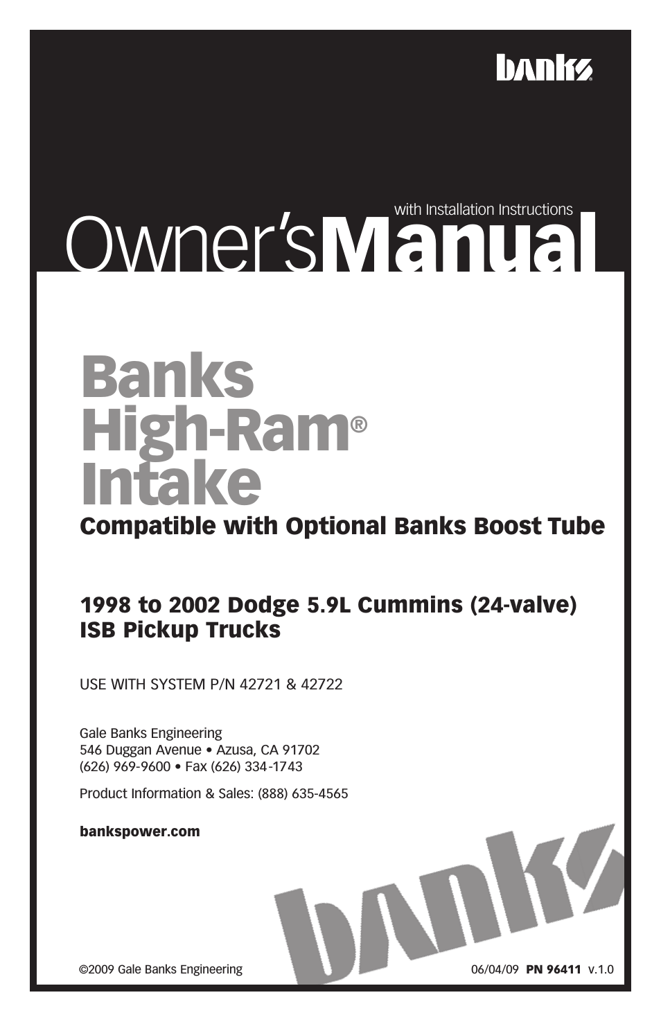 Dodge Trucks: (Diesel ’98 - 02 5.9L Cummins ISB) Intake- High-Ram Intake System, '98-02 Compatible w_Optional Banks Boost Tube