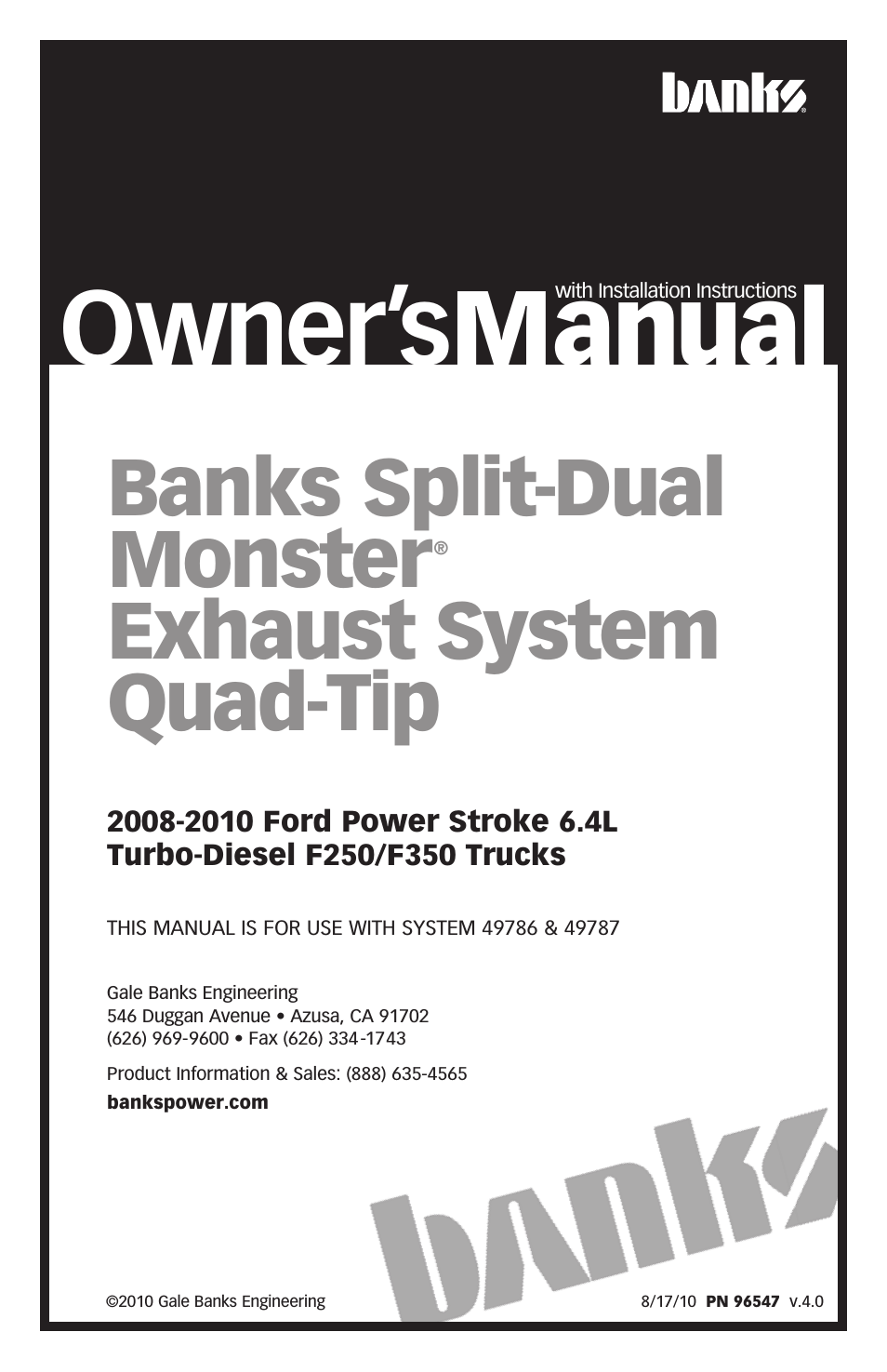 Ford Trucks: (Diesel ’08 - 10 6.4L Power Stroke) Exhaust- Monster Exhaust, Split-Dual Quad-Tip '08-10 F-250_ F-350