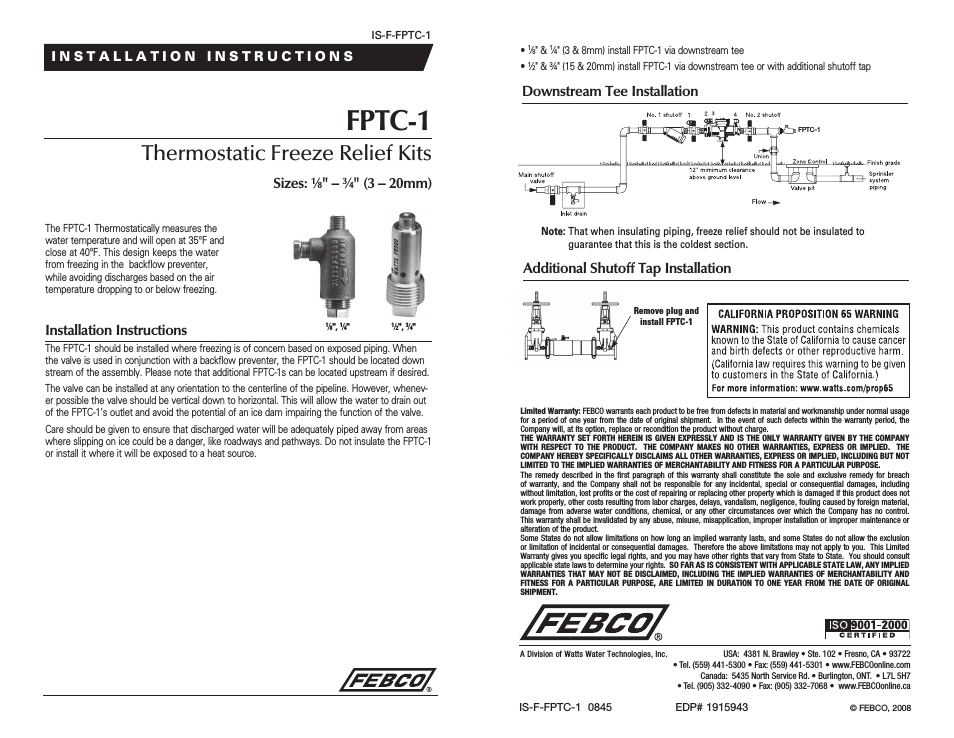 FPTC-1 Thermostatic Freeze Relief Kits